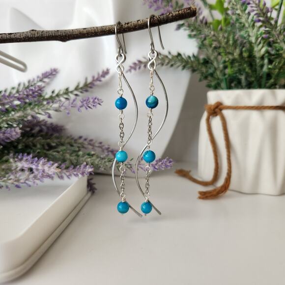 Blue Seashell Beads Long Wire Earrings / Stainless Steel Curved Wire Earrings - Picture 6 of 8